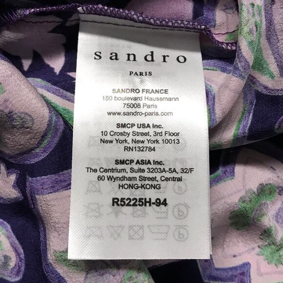Sandro Paris 100% Silk Purple Paisley Ruffle Cold Shoulder Mini Party Dress 3/L - Picture 15 of 16